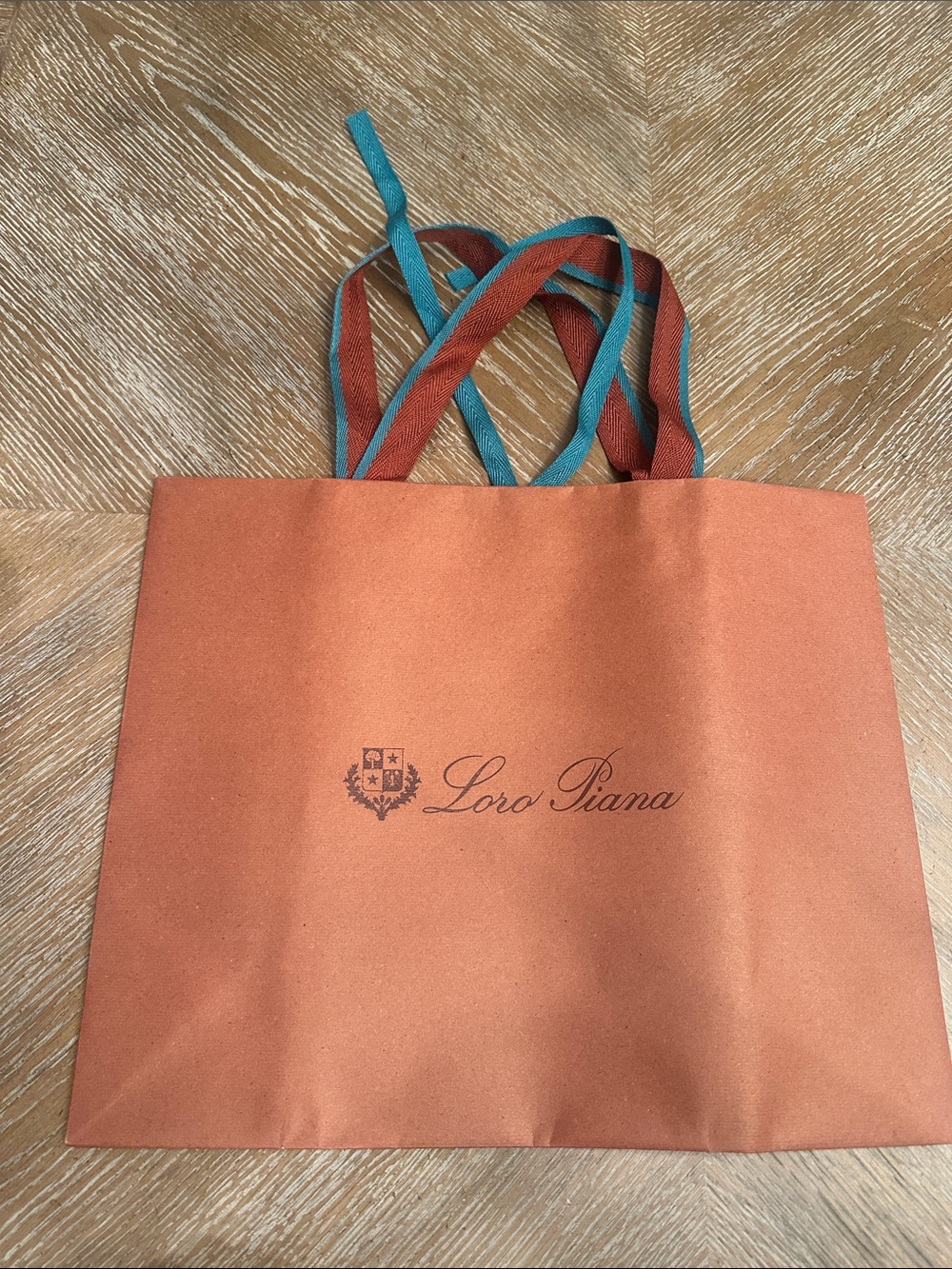 Loro Piana Brown Paper Shopping Bag with Teal Handles